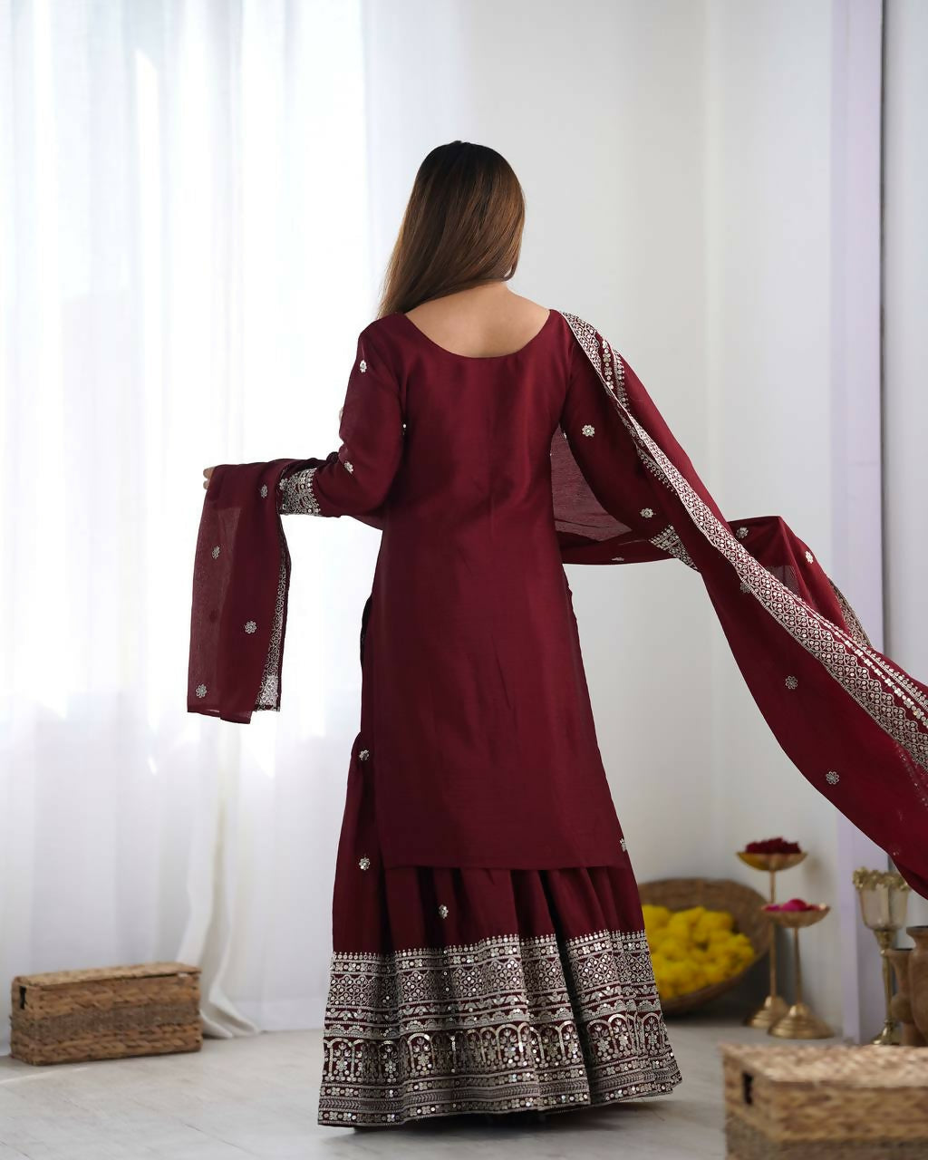 Joban Fashion Maroon Kurta Set Silk Sequins , Zari, Coding & Thread Embroidered work - Distacart