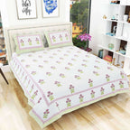 Floral Hand Block Printed Double 90x108 Inches Bedspread with 2 Pillow Covers