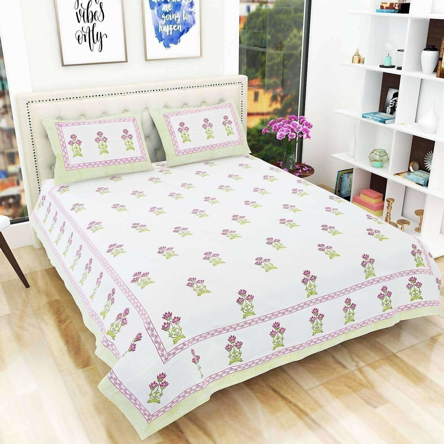 Floral Hand Block Printed Double 90x108 Inches Bedspread with 2 Pillow Covers