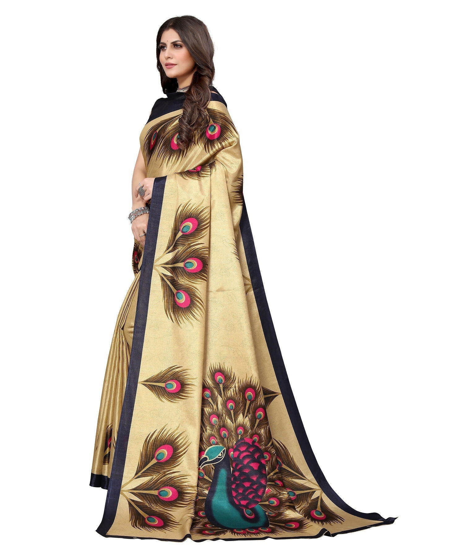 Vamika Golden Cream Printed Art Silk Saree
