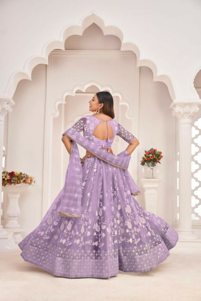 Aastha Fashion Lavender Butterfly Net White Cotton Thread Work, Zari Work And Sandwich Sequence Work Embroidery Wedding Wear Lehenga Choli