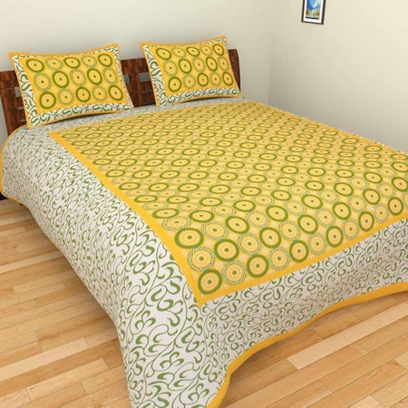 Vamika Printed Beautiful Cotton Yellow Bedsheet With Pillow Covers (LEOC_CHKR_Y)
