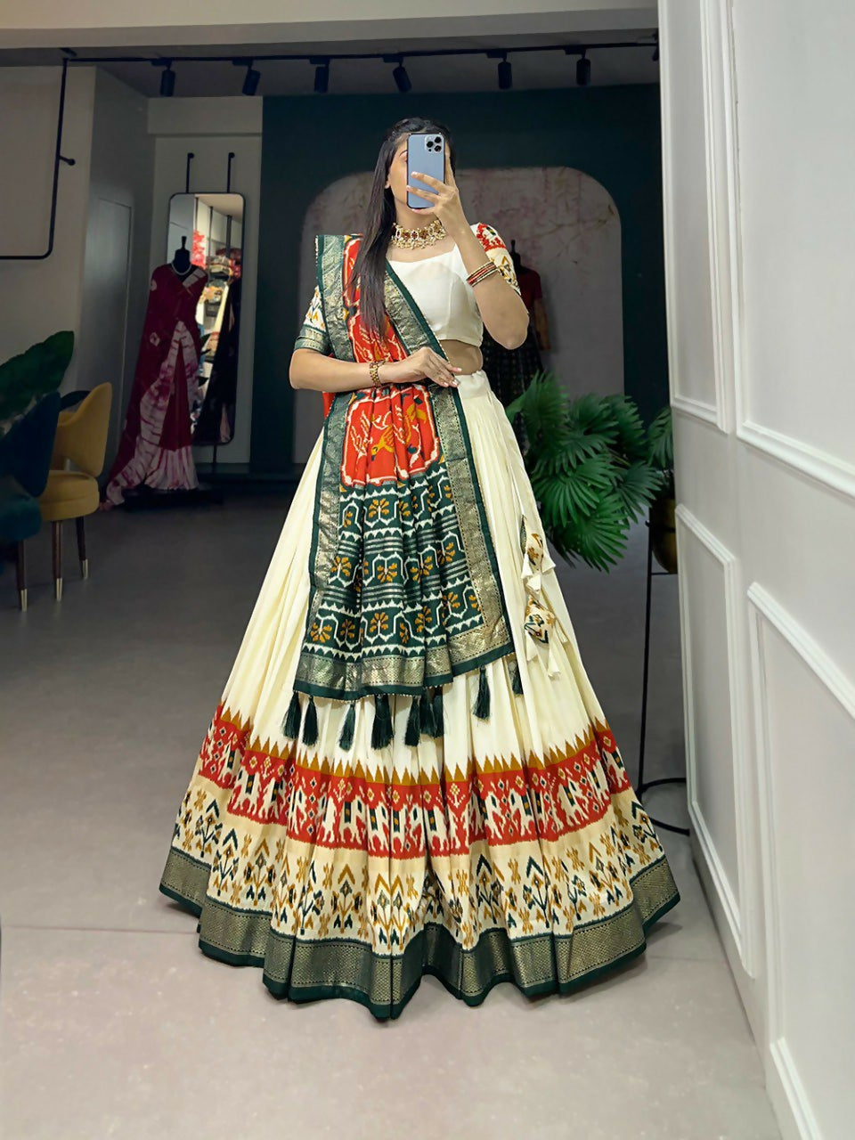Vastranavya Ethnic Wardrobe with Our Stunning Patola Printed and Foil Work Tussar Silk Lehenga with Unstitched Choli - Off White