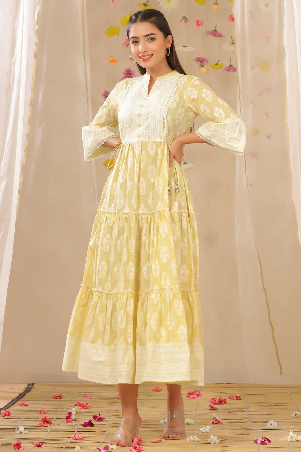 Juniper Womens Limeyellow Cambric Printed Tiered Dress With Flared Sleeve - Distacart