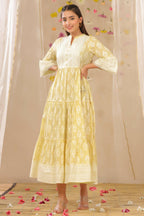Juniper Womens Limeyellow Cambric Printed Tiered Dress With Flared Sleeve - Distacart