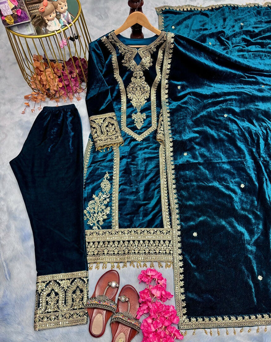 Teeya Creation Teal Color Velvet Fabric Designer Embroidery Work Suit - Distacart