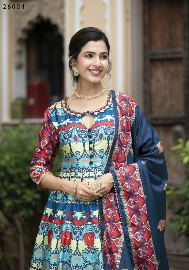 Wedding Designer Multi Soft Dola Silk Anarkali suit with Dupatta - Samanta