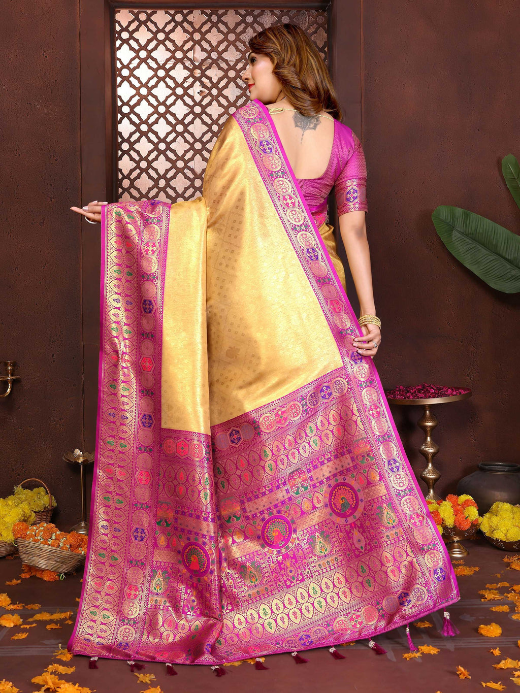 Aastha Fashion Yellow Tissue Silk Weaving Saree - Distacart