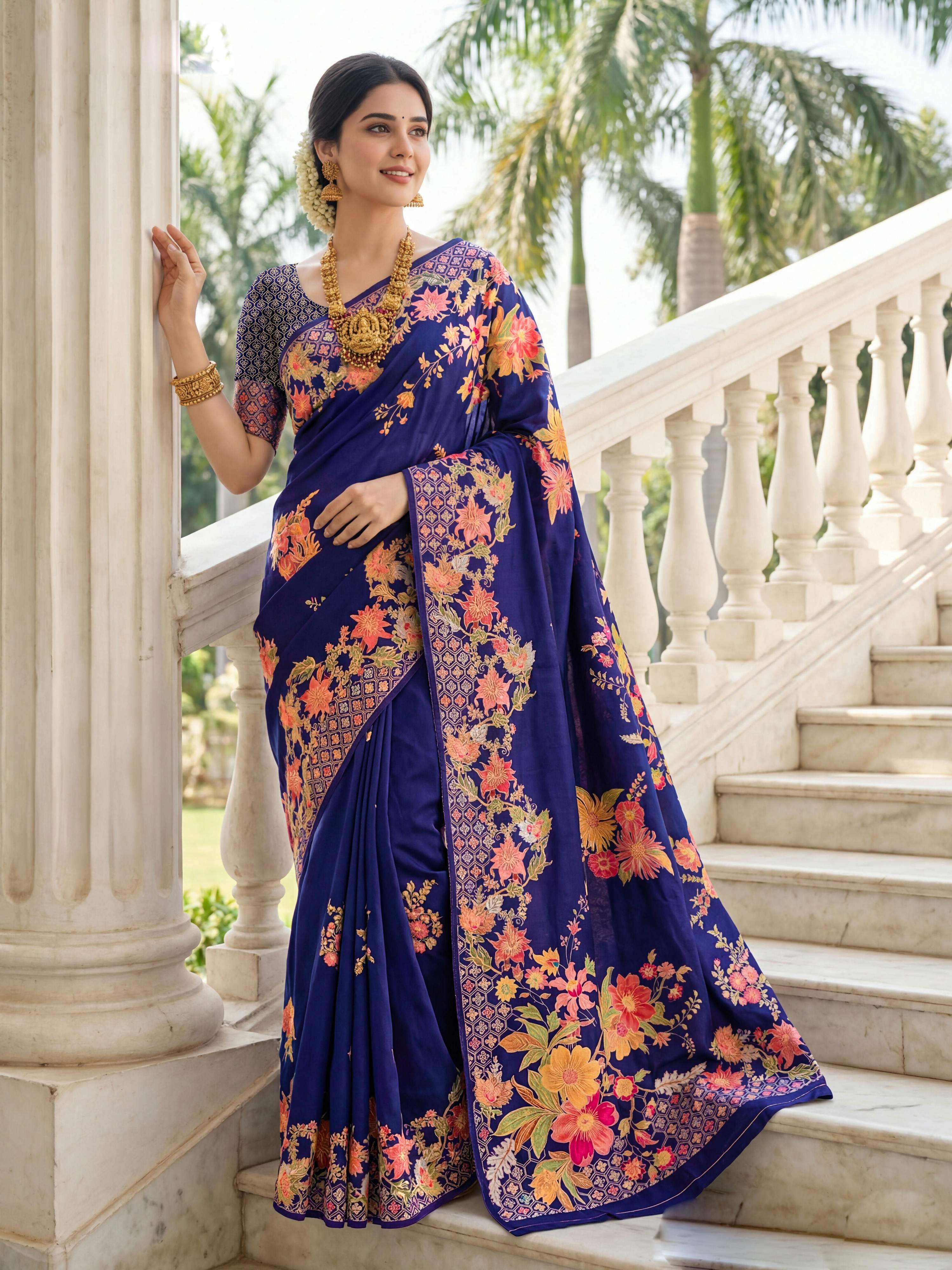 Aastha Fashion Royal Blue Premium Russian Silk Designer Floral Position Print Saree - Distacart