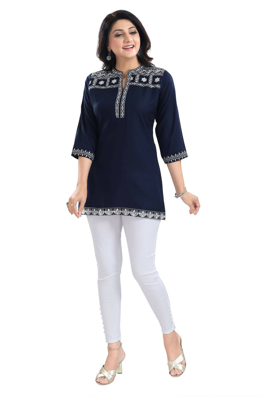 Snehal Creations Novel Navy Blue Women Embroidered Boho Chic Tunic Top - Distacart