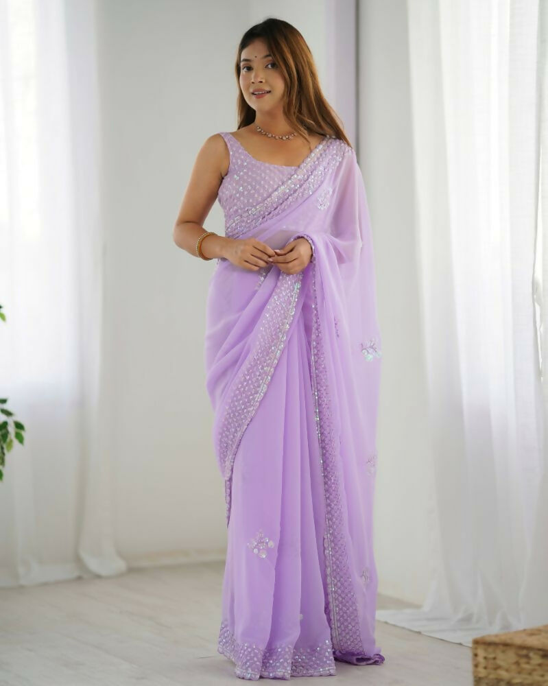 Attractive Looking Georgette Thread, Sequance Embroidery Work Party Wear Saree - Lavender