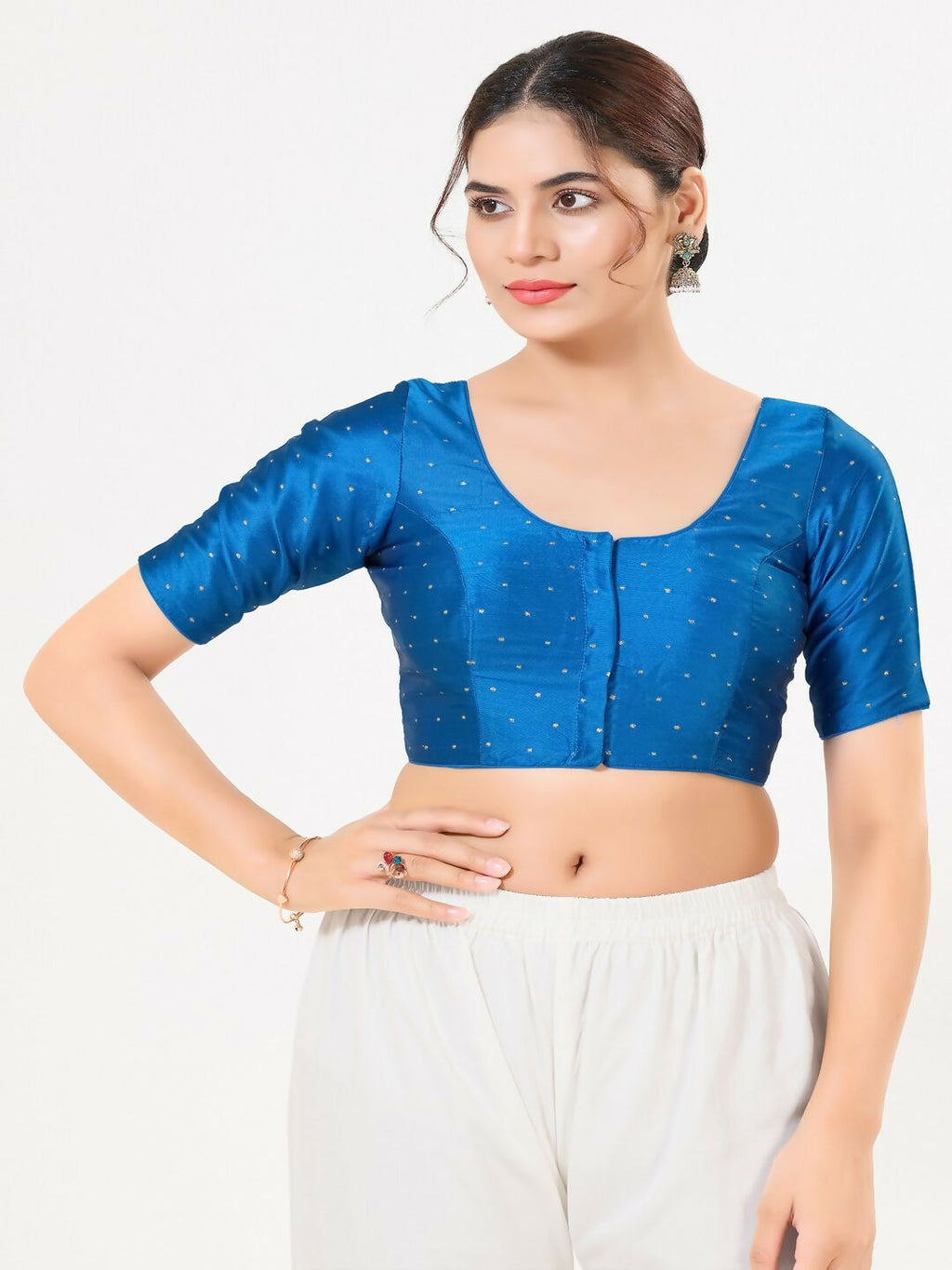 Joban Fashion Cobalt-Blue Taffeta Silk Elbow Sleeveless Front Open Blouse