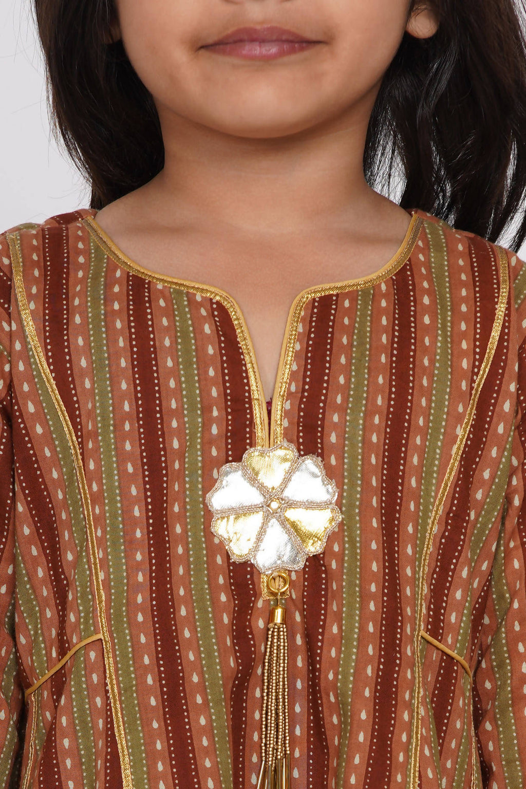 Little Bansi Girls Cotton Kurta frock with Sharara & Dupatta - Brown & Cream