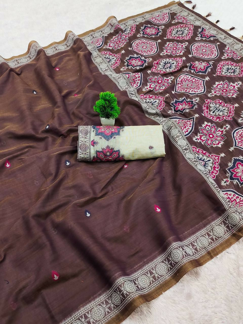 Vastranavya Coffee Muga Cotton Meenakari & Azarakh Pallu Saree with Contrast Blouse - Distacart