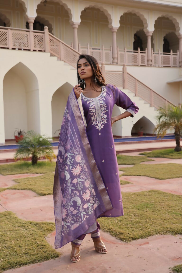 Jyoti Fashion Women's Purple Simmer Silk Floral Print with Embroidered Kurta Set