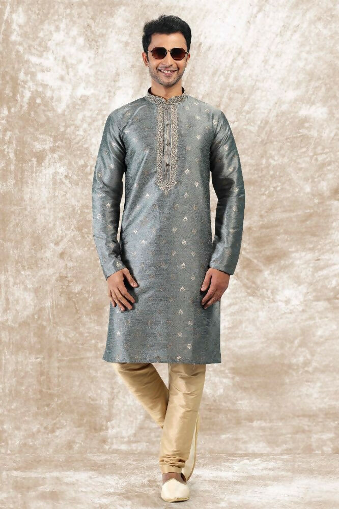 Raivat Ethnic Jacquard Silk Brocade Thread Work Kurta Pajama In Grey Colour