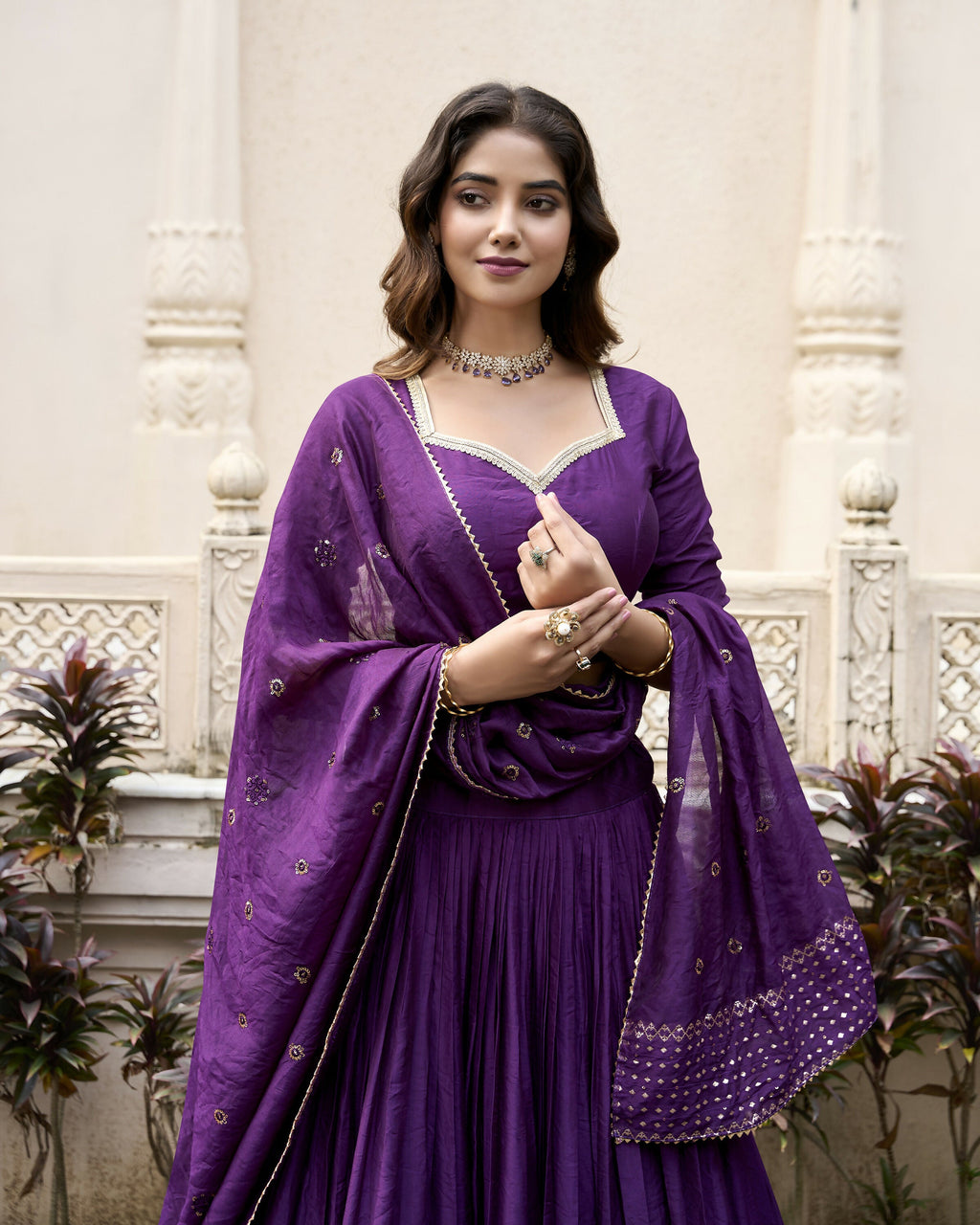Lorenvalley Purple Pure Chanderi Plain With Zari Weaving Work Border Lehenga Choli