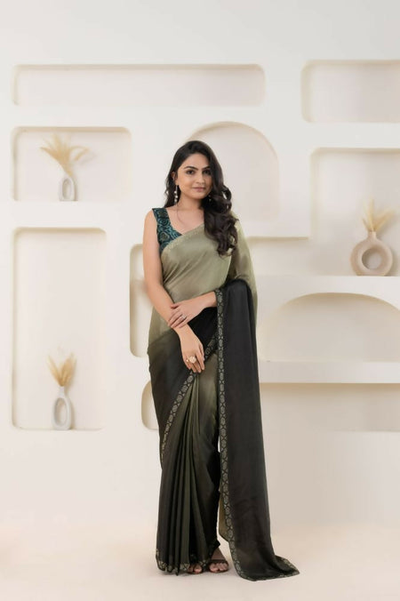 Grey Satin Pedding Designer, Printed Party Wear Ready To Wear Saree - Femina