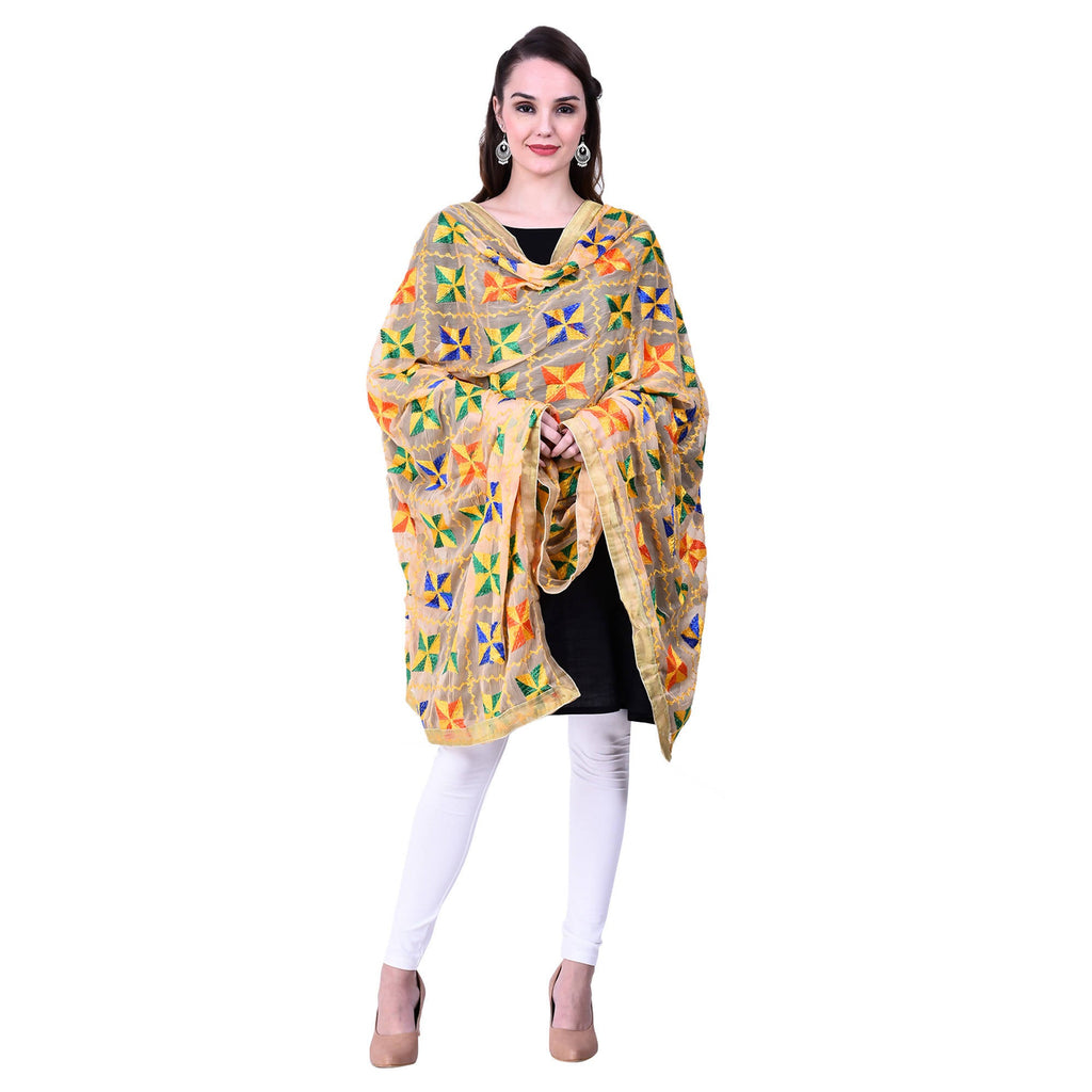 SWI Stylish Women's Embroidered Phulkari Chiffon Beige Dupatta