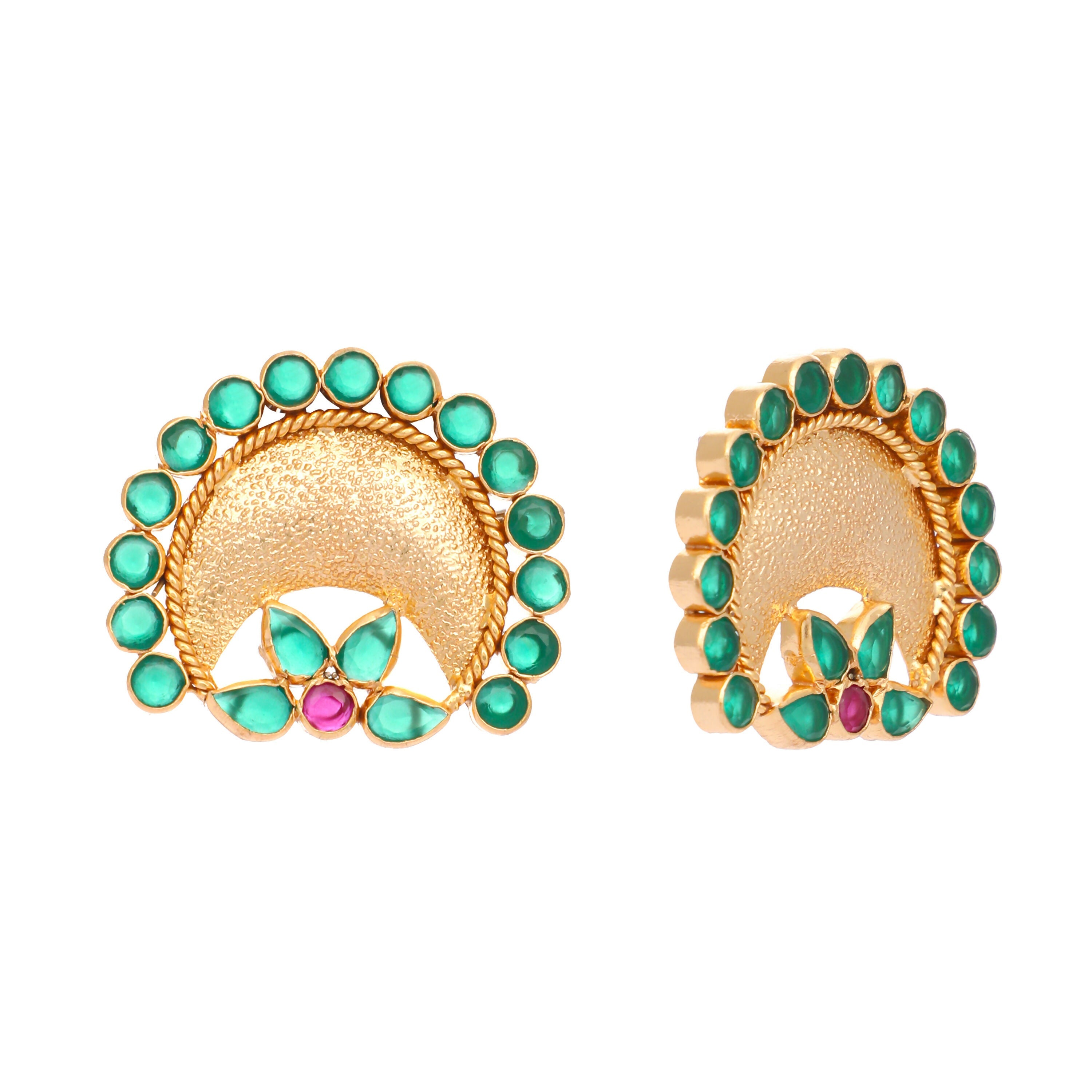 Nuyug 22K Gold Plated Faux Emerald Stone Studded Contemporary Shaped Studs - Distacart