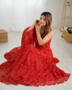 The52 Women's Beautiful Printed Chiffon Bandhej Fabric Flared Anarkali Pant and Dupatta Set - Distacart