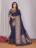 Joban Fashion Banarasi Navy Blue Jacquard Woven Soft Silk Saree - Distacart