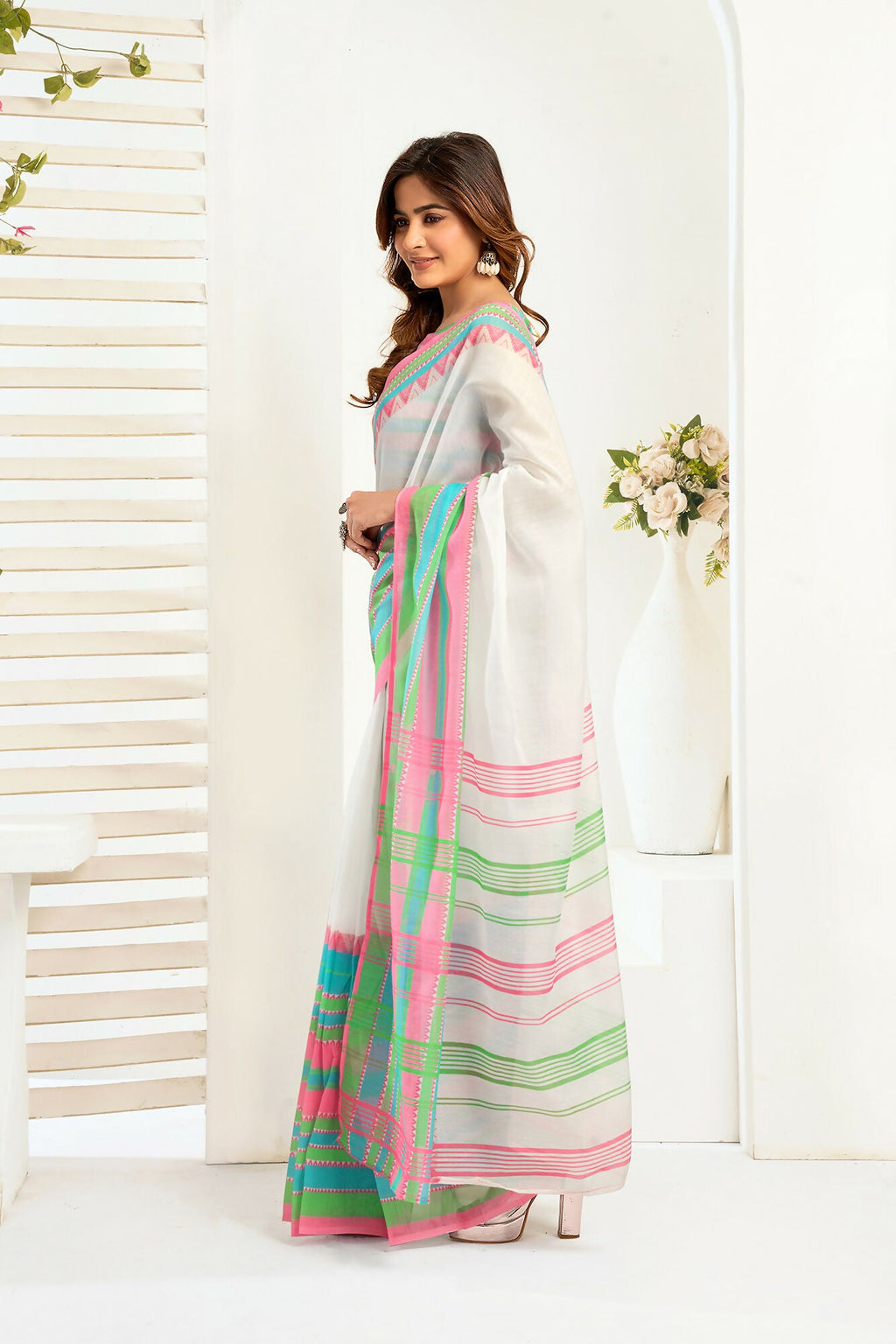 Vastranavya Multicolor Digital Printed Linen Ready To Wear Designer Saree with Unstitched Blouse - Distacart