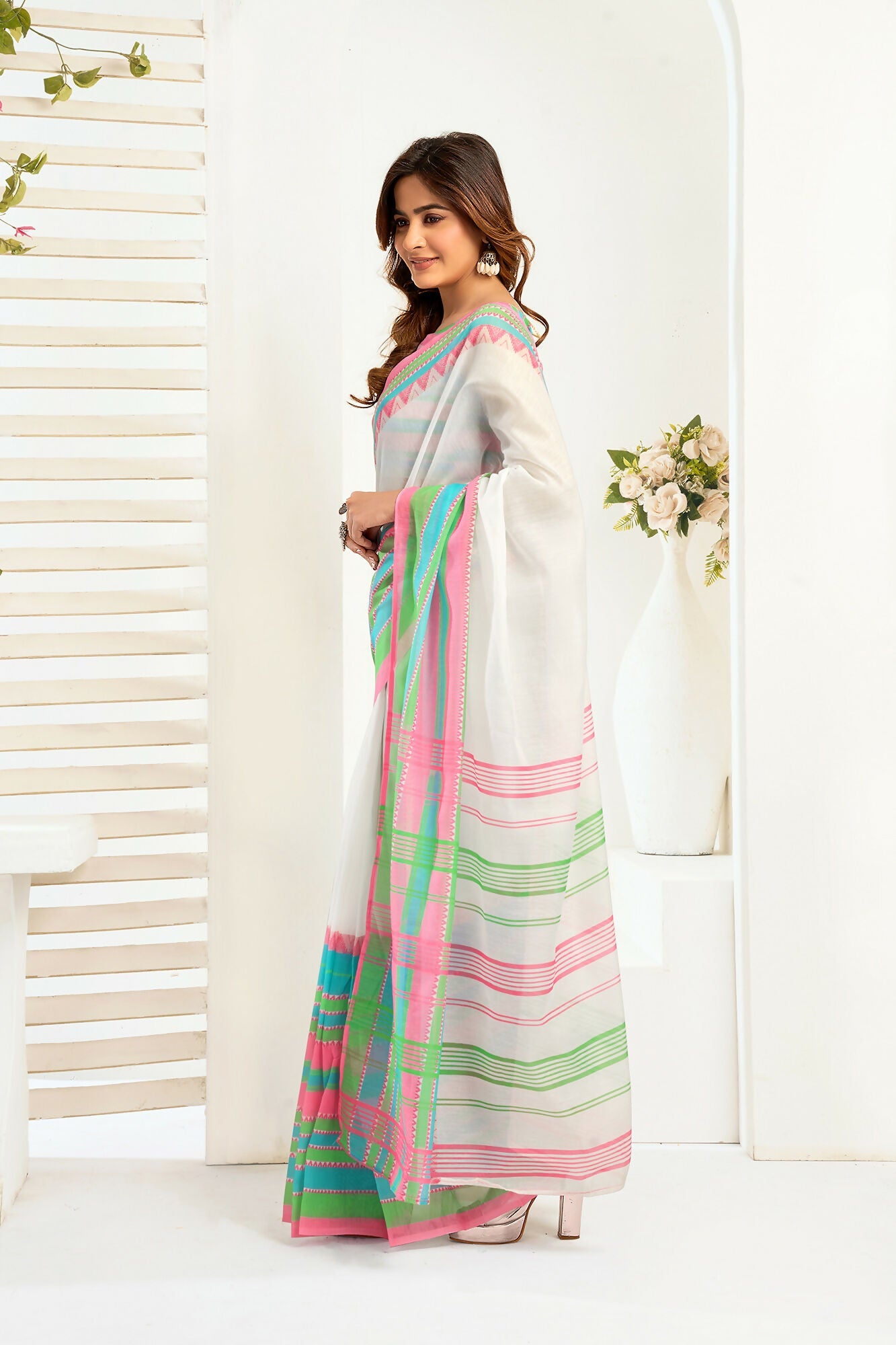 Vastranavya Multicolor Digital Printed Linen Ready To Wear Designer Saree with Unstitched Blouse - Distacart