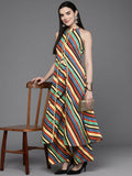 Ahalyaa Women Striped High Slit Kurta with Palazzos - Green Color