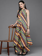 Ahalyaa Women Striped High Slit Kurta with Palazzos - Green Color