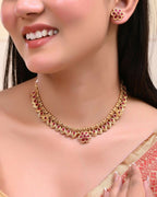 VOJ Gold-Polished Flower Shaped Ruby Stone Studded Jewellery Set
