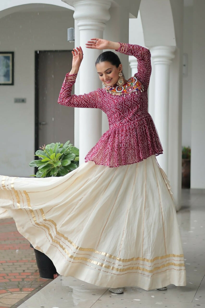 Teeya Creation Wine And White Colour Cotton Printed Navratri Lehenga Choli