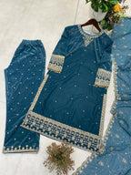 Vastranavya Blue Velvet Sequence Embroidery Work Kurta & Bottom With Dupatta - Distacart