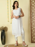 Myshka Women's White Georgette Sleeveless Straight Party Kurta With Dupatta Set