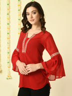 Myshka Women's Red Embroidered Party Fusion Top
