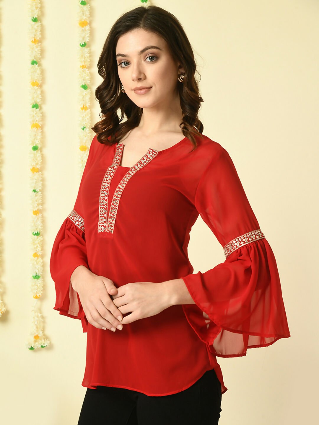 Myshka Women's Red Embroidered Party Fusion Top