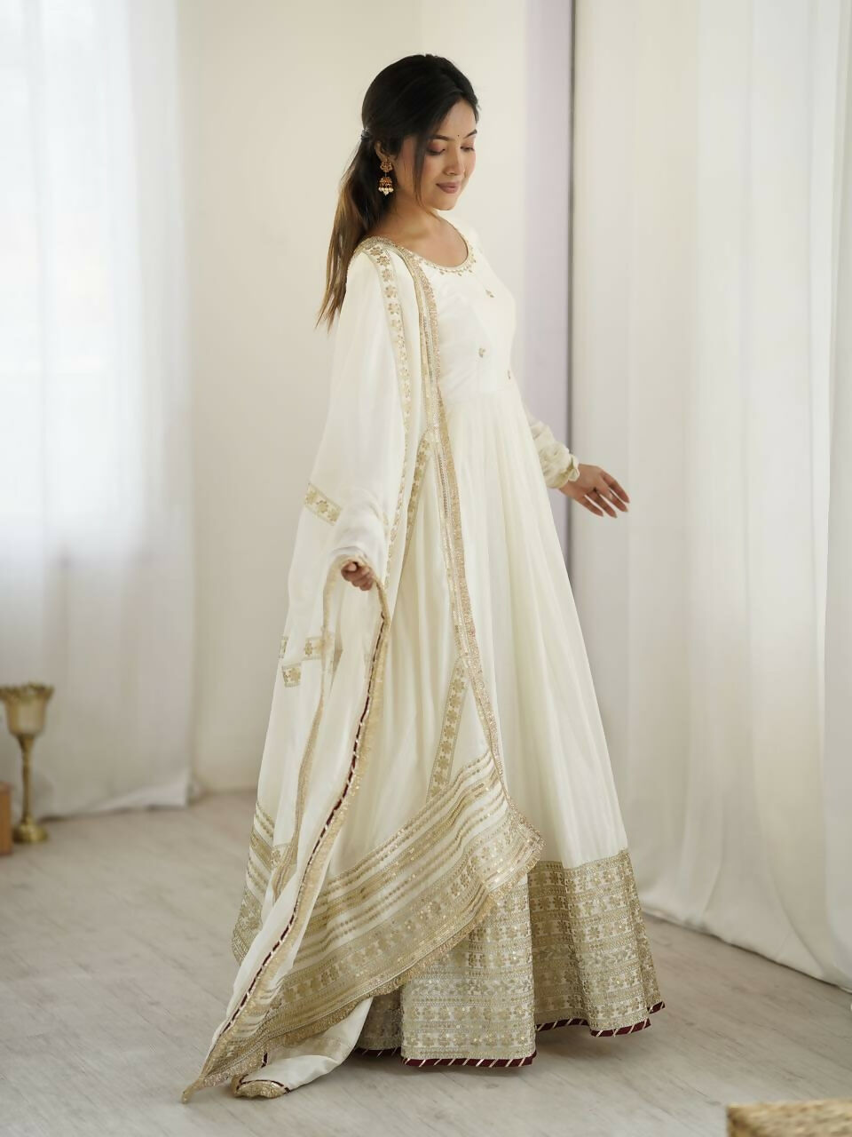 Teeya Creation White Chinon Silk Gown - Distacart
