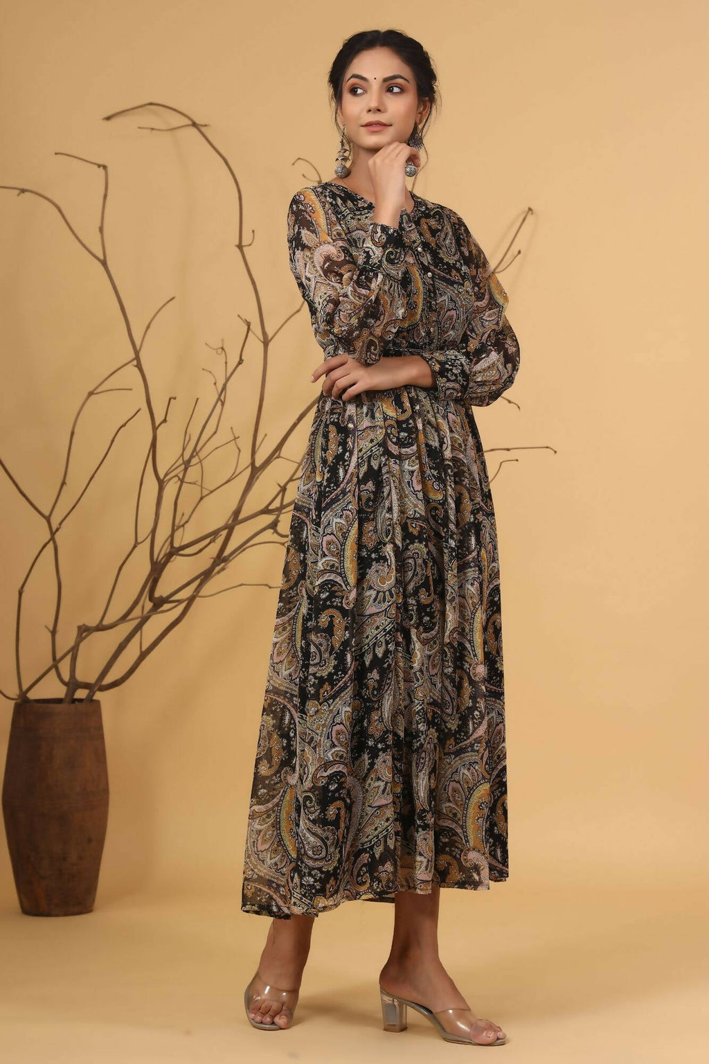 Juniper Women Black Chiffon Printed Flared Dress - Distacart