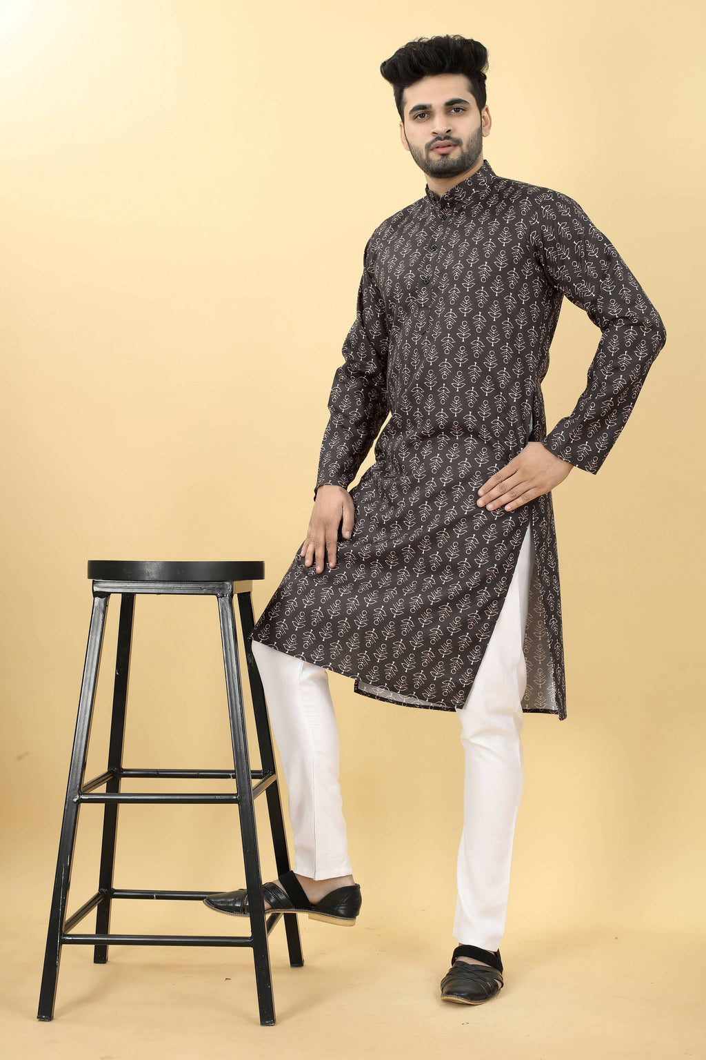 Black Cotton Printed Men's Kurta - Mahotsav
