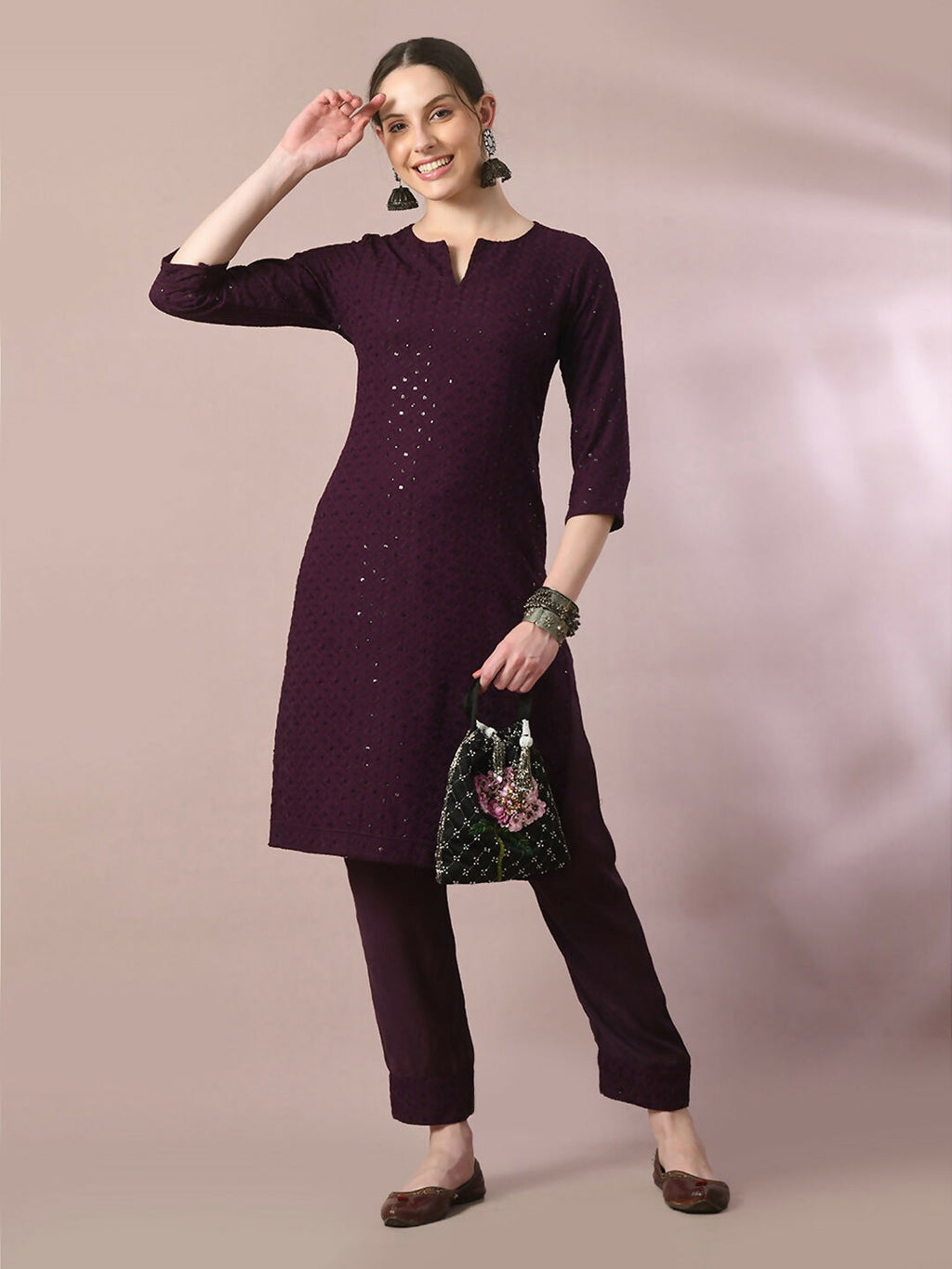 Myshka Women's Magenta Embroidered Cotton Straight Party Kurta Set