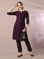 Myshka Women's Magenta Embroidered Cotton Straight Party Kurta Set
