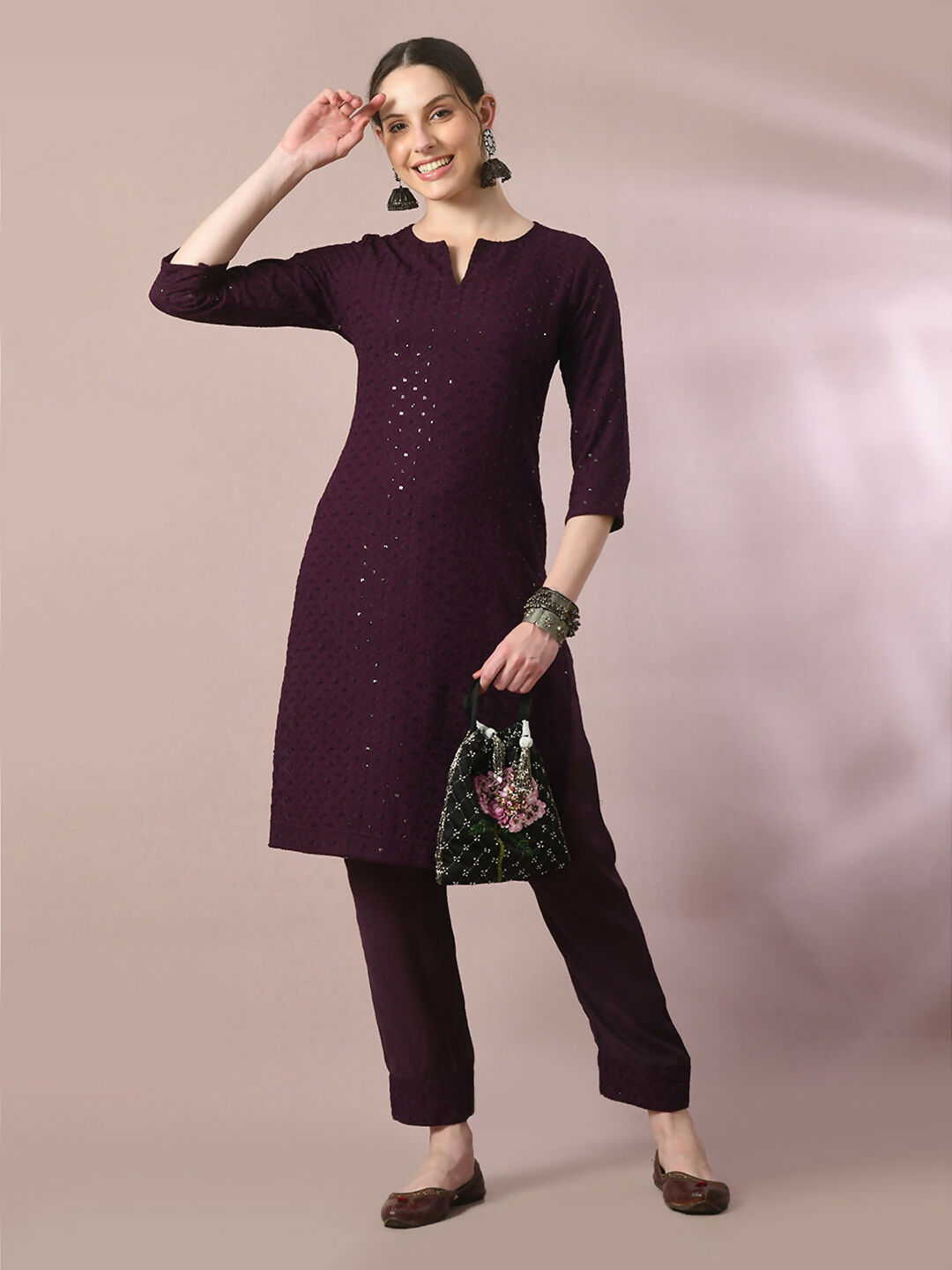 Myshka Women's Magenta Embroidered Cotton Straight Party Kurta Set