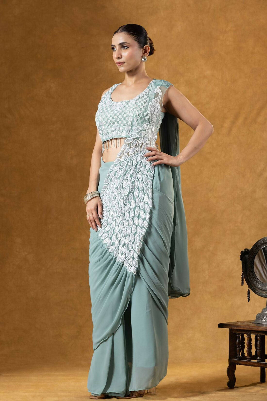 Teeya Creation Teal Color Faux Georgette Embroidery Work Party Wear Ready To Wear Saree - Distacart