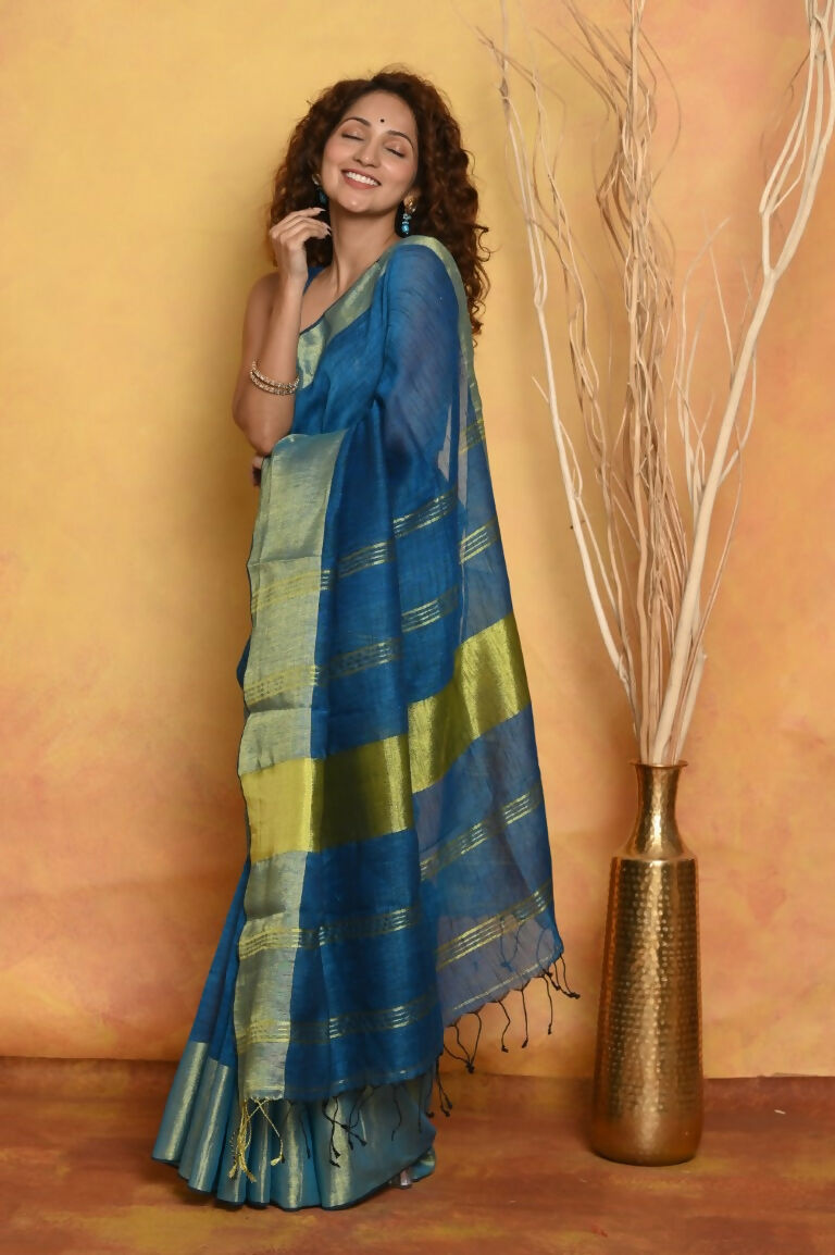 Very Much Indian Handloom Pure Cotton Linen Saree With Golden Border - Serene Blue - Distacart