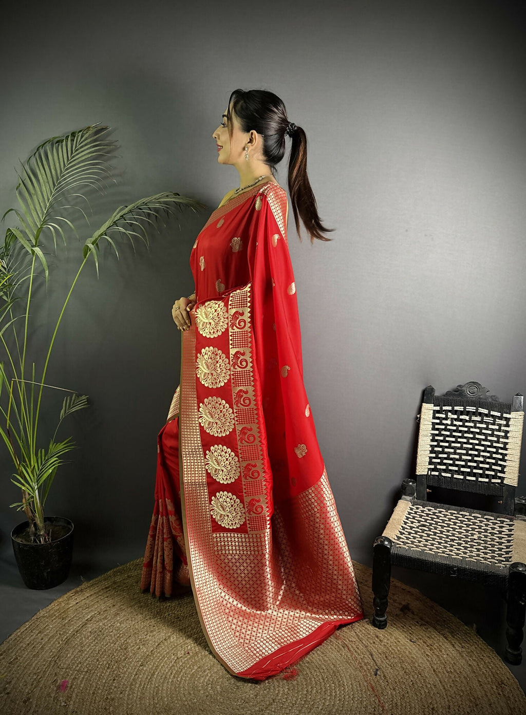 Joban Fashion Red Banarasi Soft Lichi Silk Paisley Saree - Distacart