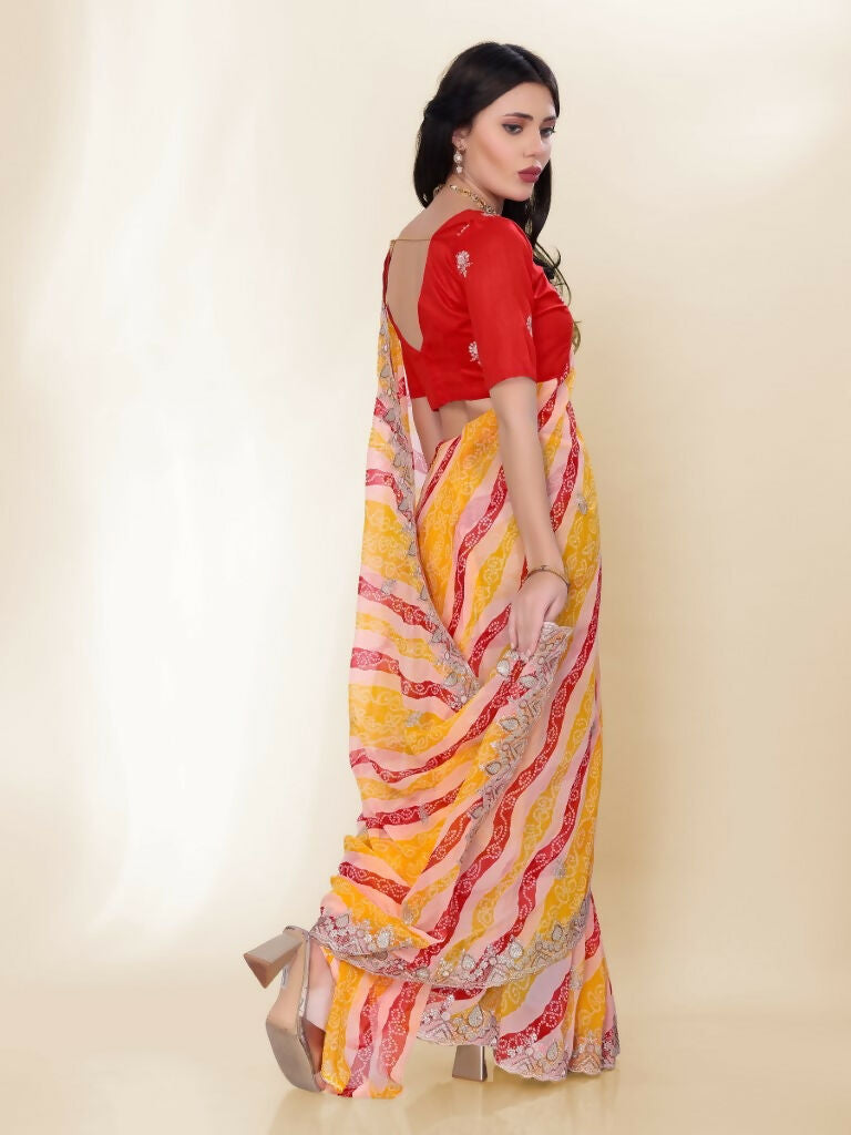 Yellow Georgette Bandhani Printed,Embroidery Work Saree - Bandhan