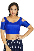 Aastha Fashion Women's Blue Art Silk Cold Shoulder Sleeve Readymade Blouse