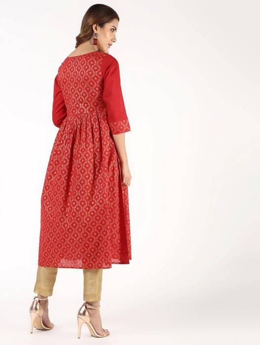 Aniyah Cotton Block Print Flared Kurta In Red (AN-151K)