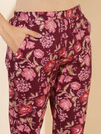 Janasya Women's Purple Cotton Floral Printed Casual Straight Kurta Set