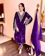 Joban Fashion Royal Purple Velvet Embroidery Kurta Set - Distacart